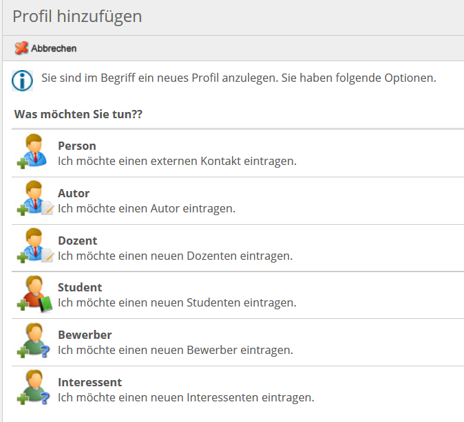 Profiltypen Person Auto Dozent Student Bewerber Interessent